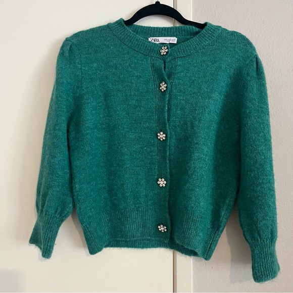 Zara Green Cardigan with Jeweled Floral Buttons Size S - Picture 1 of 4
